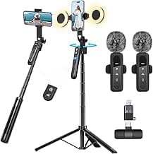 Content Creator Vlogging Kit for iPhone/Android,70-inch Auto Face Tracking Tripod for iPhone with Light and Wireless Microphones,TikTok/You...
