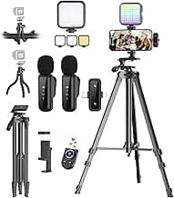 Vlogging Kit for iPhone/Android, YouTube Starter Kit with Wireless Microphone/Camera Tripod/Flexible Tripod/RGB Fill Light, Content Creator...