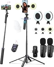 Vlogging Kit for iPhone/Android, 63”Auto Face Tracking Tripod for iPhone with Light, Wireless Microphones, Scrolling Remote Control for Tik...