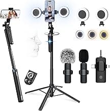 71" Content Creator Essentials Vlogging Kit - 2 Lights & 2 Mics, 360° Rotating Auto Face Tracking Tripod for iPhone/Android/Camera with Wir...