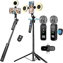 Content Creator Starter Kit,Vlogging Kit for iPhone/Android,70”Auto Face Tracking Tripod 360 Rotation with Light, Wireless Microphones,Self...